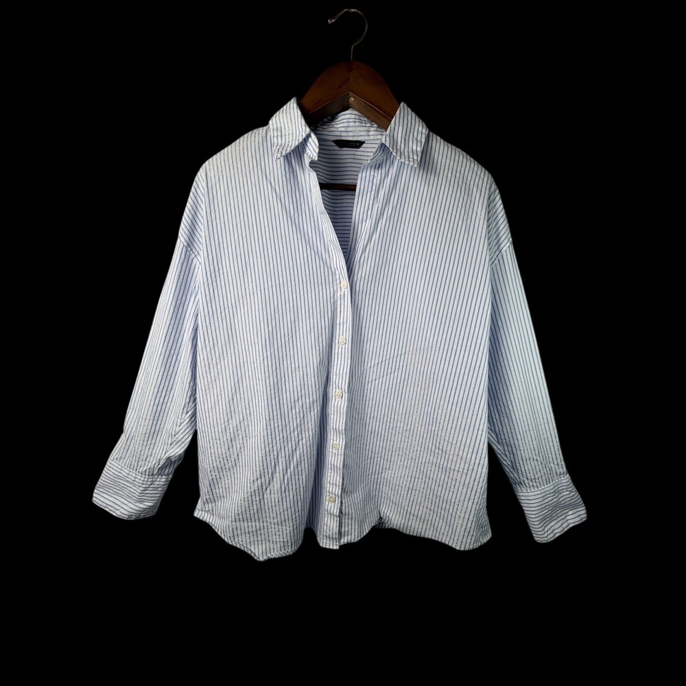 Zara Womens Button Down Blue White Striped Lurex Oversized Shirt M